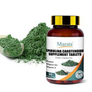 a bottle of spirulina carotenoids supplement tablets